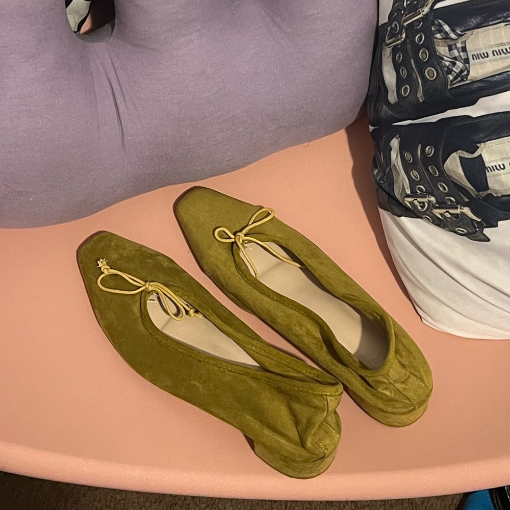 Shop Peche green suede bow ballet pumps